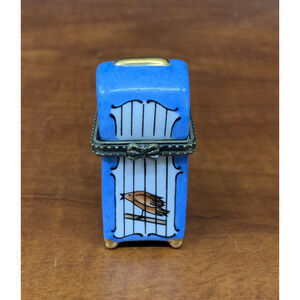 VTG Porcelain Bird Cage Songbird Blue Hinged Trinket Box